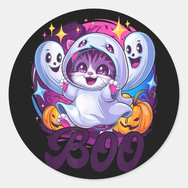 Pegatina Redonda Gato fantasma Boo  (Anverso)
