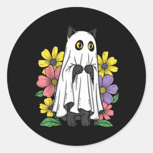 Pegatina Redonda Gato Fantasma de Halloween Gato Negro Lindo Flores