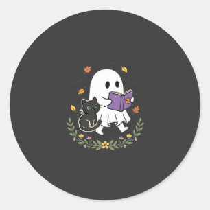 Pegatina Redonda Gato Fantasma de Halloween Leyendo Libro Diseño Fl