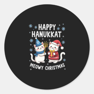 Pegatina Redonda Gato Feliz Navidad Feliz Hanukkah Judío Cristiano