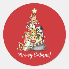 Pegatina Redonda Gato Feliz Navidades Gatunas Árbol de Navidad