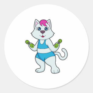 Pegatina Redonda Gato Fitness Dumbbell
