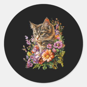 Pegatina Redonda Gato flor floral lindo gatito gráfico