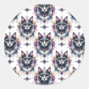 Pegatina Redonda Gato Fluffy Long Hair Gray and White Tuxedo