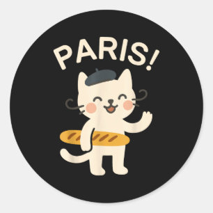Pegatina Redonda Gato Francés Con Baguette Gato Lindo París Animale