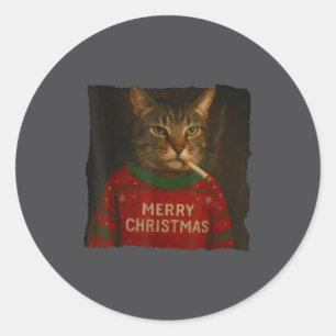 Pegatina Redonda Gato Fumando Cigarrillo Navidad Gorro de Santa Gat