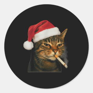 Pegatina Redonda Gato Fumando Cigarrillo Navidad Sombrero Santa Gat