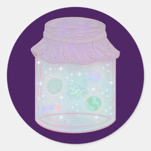 Pegatina Redonda Gato Galaxia en un Tarro   Arte Kawaii de Gato Esp