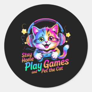 Pegatina Redonda Gato Gamer Divertido Permanece en Casa1