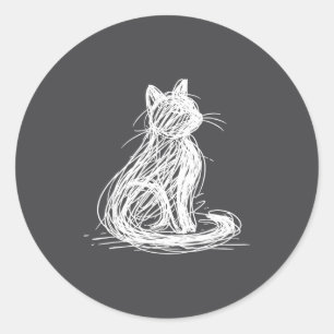 Pegatina Redonda Gato garabato Arte de línea minimalista japonés 
