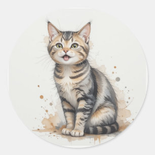 Pegatina Redonda Gato gatito atigrado divertido y feliz mascota ani