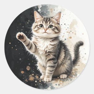 Pegatina Redonda Gato gatito atigrado divertido y feliz mascota ani