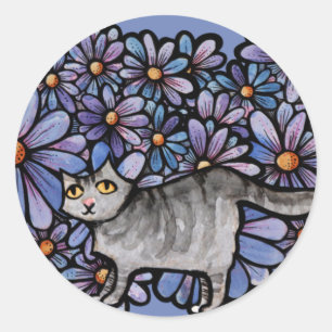 Pegatina Redonda Gato Gatito Flores Moradas Gato Gris Arte Gatos Gr