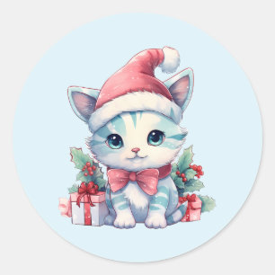 Pegatina Redonda Gato gatito lindo en un sombrero de Santa Navidad