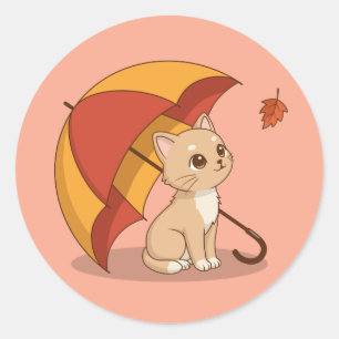 Pegatina Redonda Gato Gatito Lindo Rojo Amarillo Paraguas Caída Ros