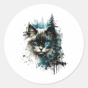 Pegatina Redonda Gato gato azul ojos gato Motiart Bosque gato gato 