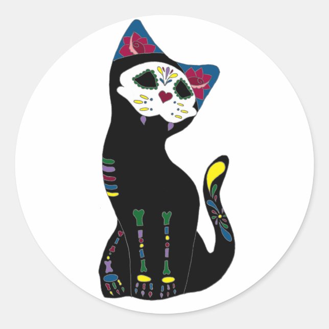 Pegatina Redonda Gato "Gato muerto" Dia de los muertos (Anverso)