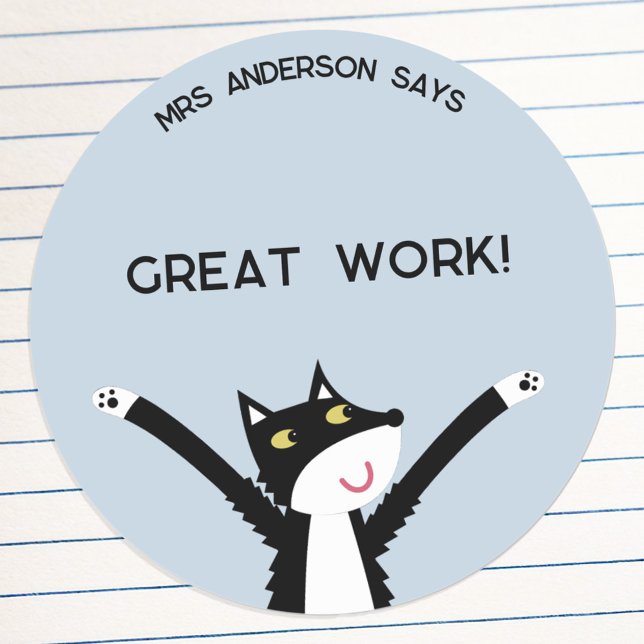Pegatina Redonda Gato gracioso animando el nombre del profesor (Fun cat teacher name school classroom student encouragement Great Work sticker)