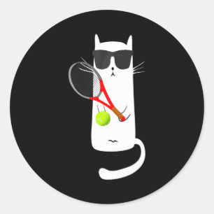 Pegatina Redonda Gato gracioso con gafas de sol jugando al tenis