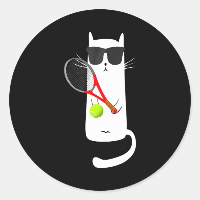 Pegatina Redonda Gato gracioso con gafas de sol jugando al tenis (Anverso)