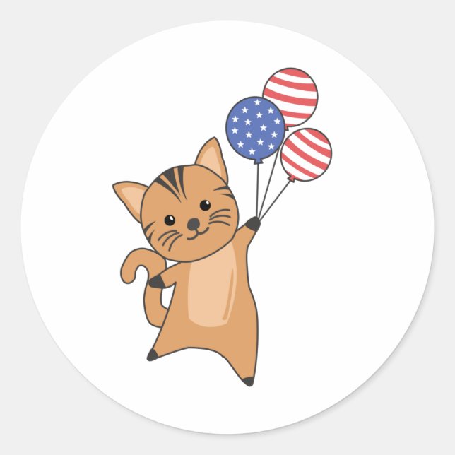 Pegatina Redonda Gato Gracioso De Gatos 4 De Julio Bandera Estadoun (Anverso)