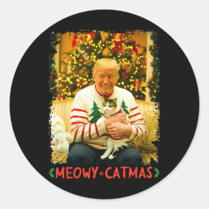 Pegatina Redonda Gato gracioso de Navidades Trump ama a Meowy Catma