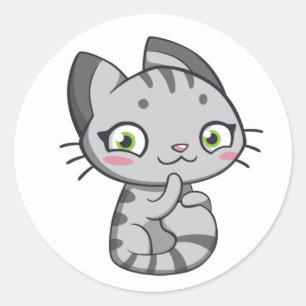 Pegatina Redonda Gato Gris Atigrado Adorable Gatito Amor Hola Gato 