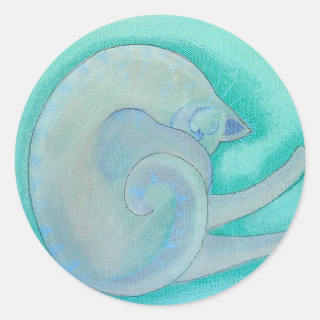 Pegatina Redonda Gato Gris Sleepy. (Anverso)