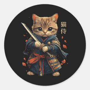 Pegatina Redonda Gato guerrero japonés gato samurai tattoo Kawaii N