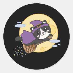 Pegatina Redonda Gato Halloween Brujas Niños Vestidos