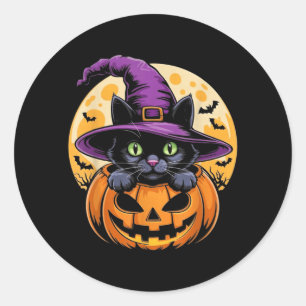 Pegatina Redonda Gato Halloween Calabaza Gato Negro Espeluznante Es
