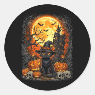 Pegatina Redonda Gato Halloween Calabaza Negro
