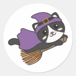 Pegatina Redonda Gato Halloween Niños brujos Disfraces de Brujas Cl