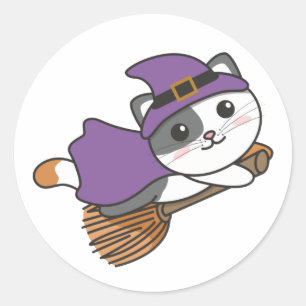 Pegatina Redonda Gato Halloween Niños brujos Disfraces de Brujas Cl