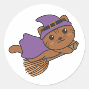 Pegatina Redonda Gato Halloween Niños brujos Disfraces de Brujas Cl