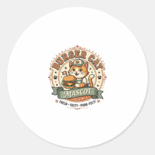 Pegatina Redonda Gato Hamburguesa Mascota Gato Comida Rápida Mascot