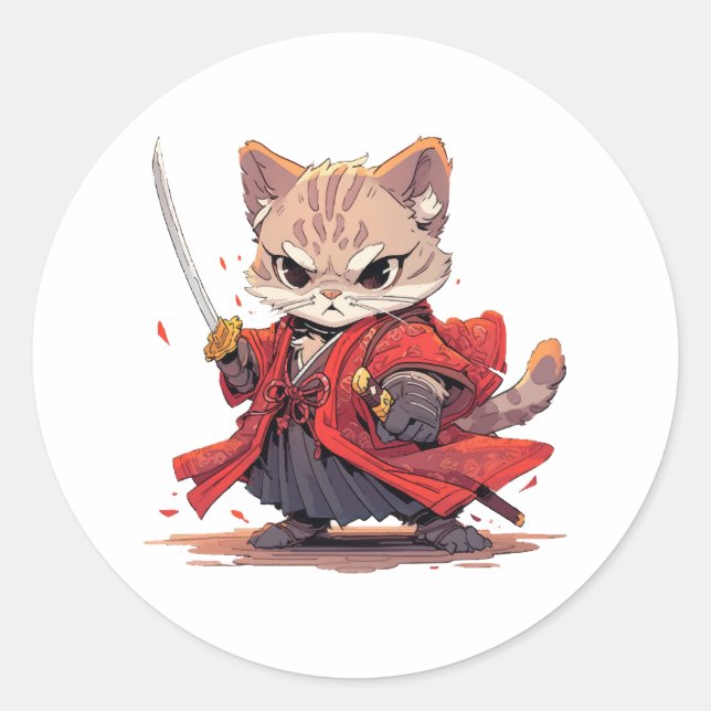 Pegatina Redonda Gato Héroe estilo Samurái Enojado (Anverso)