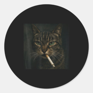 Pegatina Redonda Gato humeante gracioso, Cigarrillo Kitty Gen Z Mem
