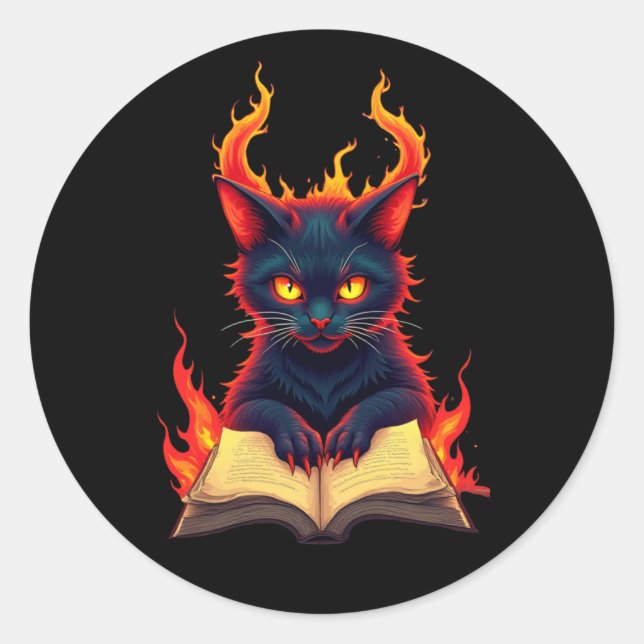 Pegatina Redonda Gato infernal leyendo un libro de ortografía (Anverso)