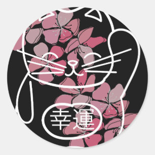Pegatina Redonda Gato japonés de buena suerte con flores rosadas de