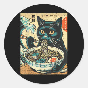 Pegatina Redonda Gato japonés Ramen gran ola de comida de arte vint