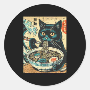 Pegatina Redonda Gato japonés Ramen gran ola de comida de arte vint