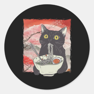Pegatina Redonda Gato japonés retro comiendo fideos divertidos de R