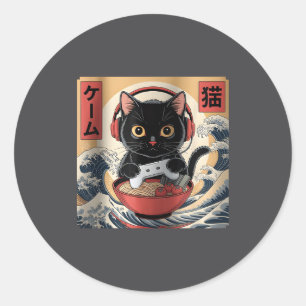 Pegatina Redonda Gato japonés retro de ramen divertido lindo Kawaii