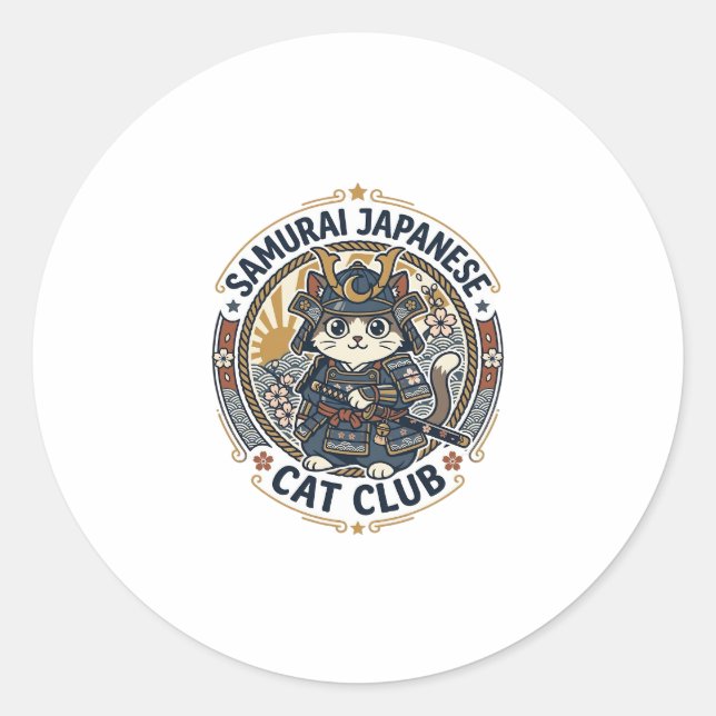 Pegatina Redonda Gato Japonés Samurái Arte Vectorial POD - Samurái  (Anverso)