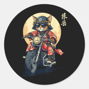 Pegatina Redonda Gato japonés samurai guerrero gato tattoo Kawaii N
