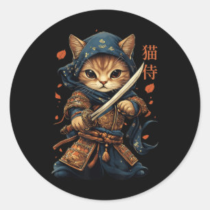 Pegatina Redonda Gato japonés samurai tattoo Kawaii Ninja gato W