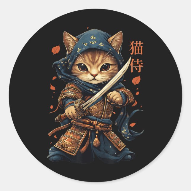 Pegatina Redonda Gato japonés samurai tattoo Kawaii Ninja gato W (Anverso)