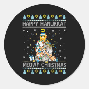 Pegatina Redonda Gato judío Feliz Navidad Feliz Janucá Chrismuk
