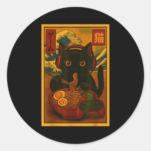 Pegatina Redonda Gato jugador comiendo Ramen al estilo japonés 